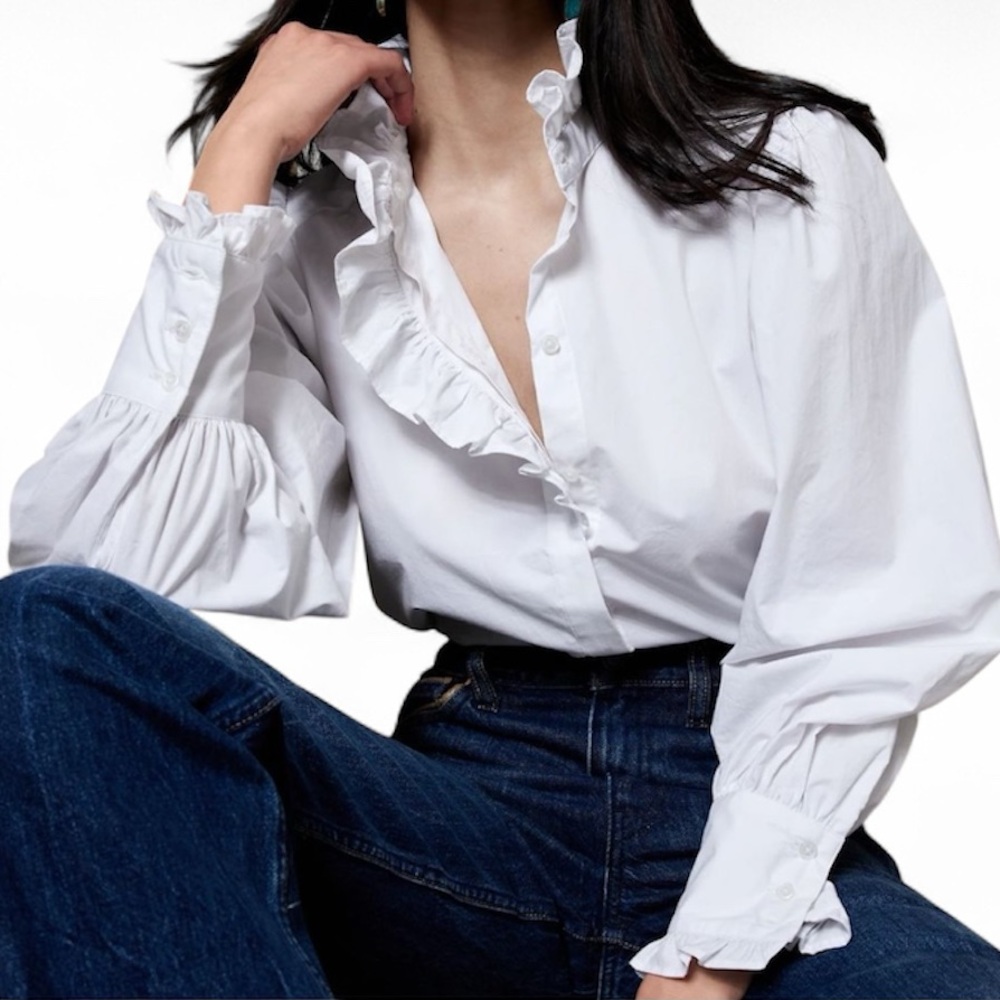 NWT Banana Republic Crisp White Ruffle Neck Blouse - Size XS